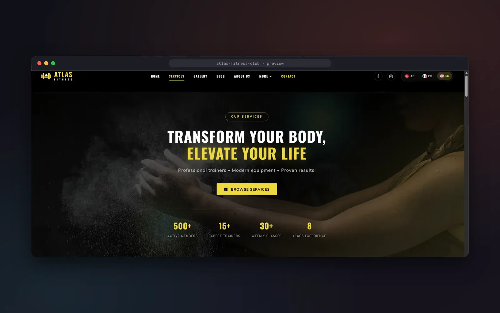 Atlas Fitness Club services page: “Transform your body, elevate your life”