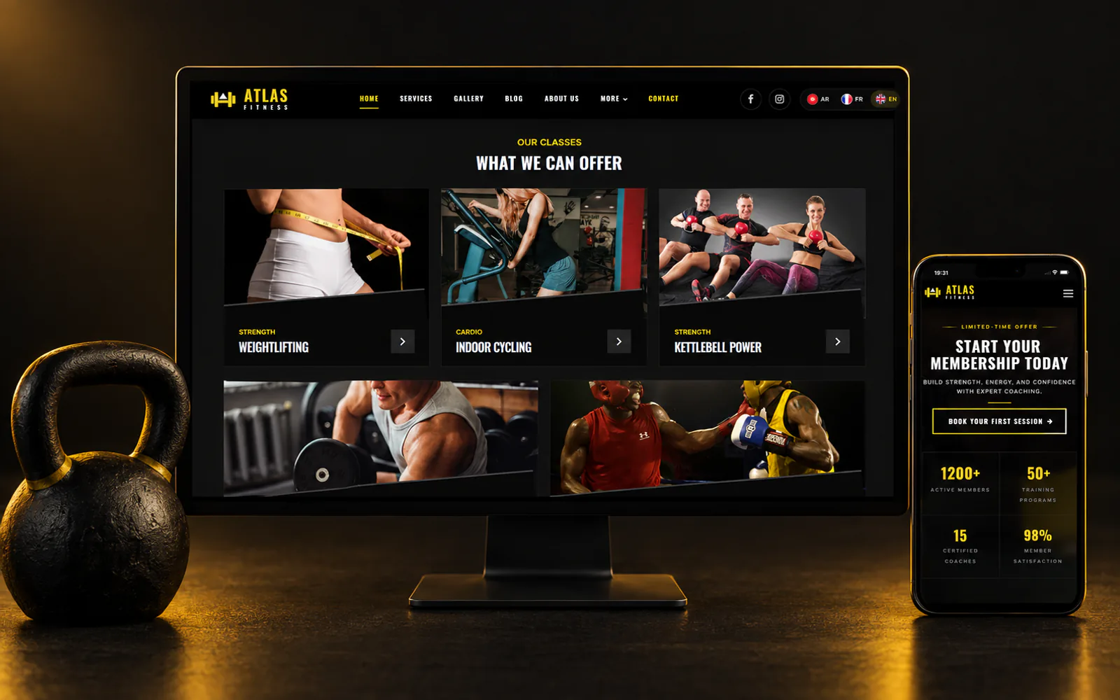 Atlas Fitness Club on a desktop monitor and a phone: the “What we can offer” classes page and the membership offer on mobile