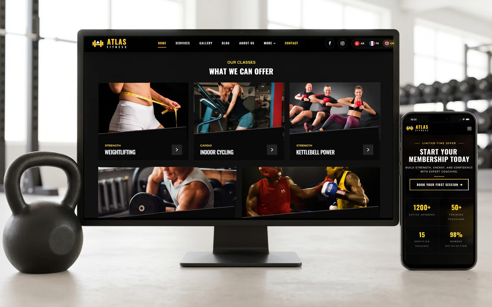 Atlas Fitness Club on a desktop monitor and a phone: the “What we can offer” classes page and the membership offer on mobile