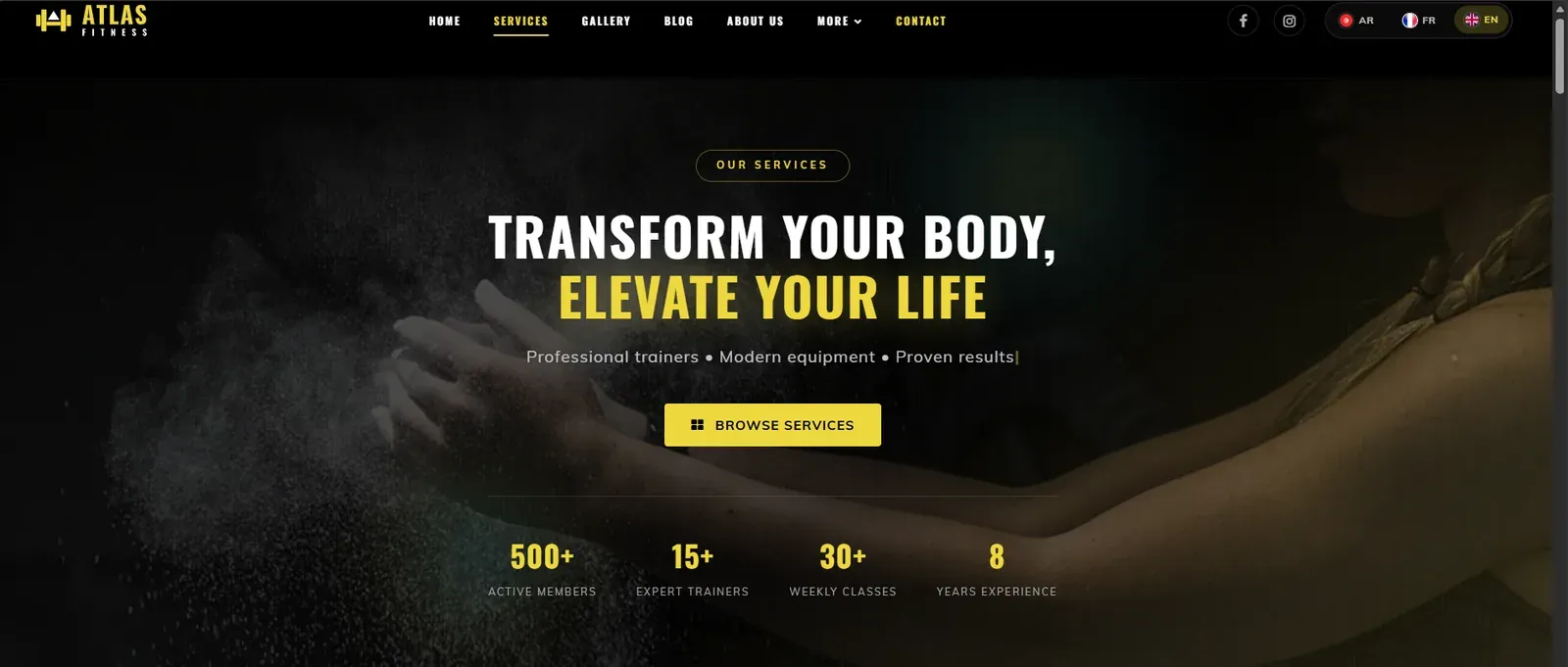 Atlas Fitness Club services page: “Transform your body, elevate your life”