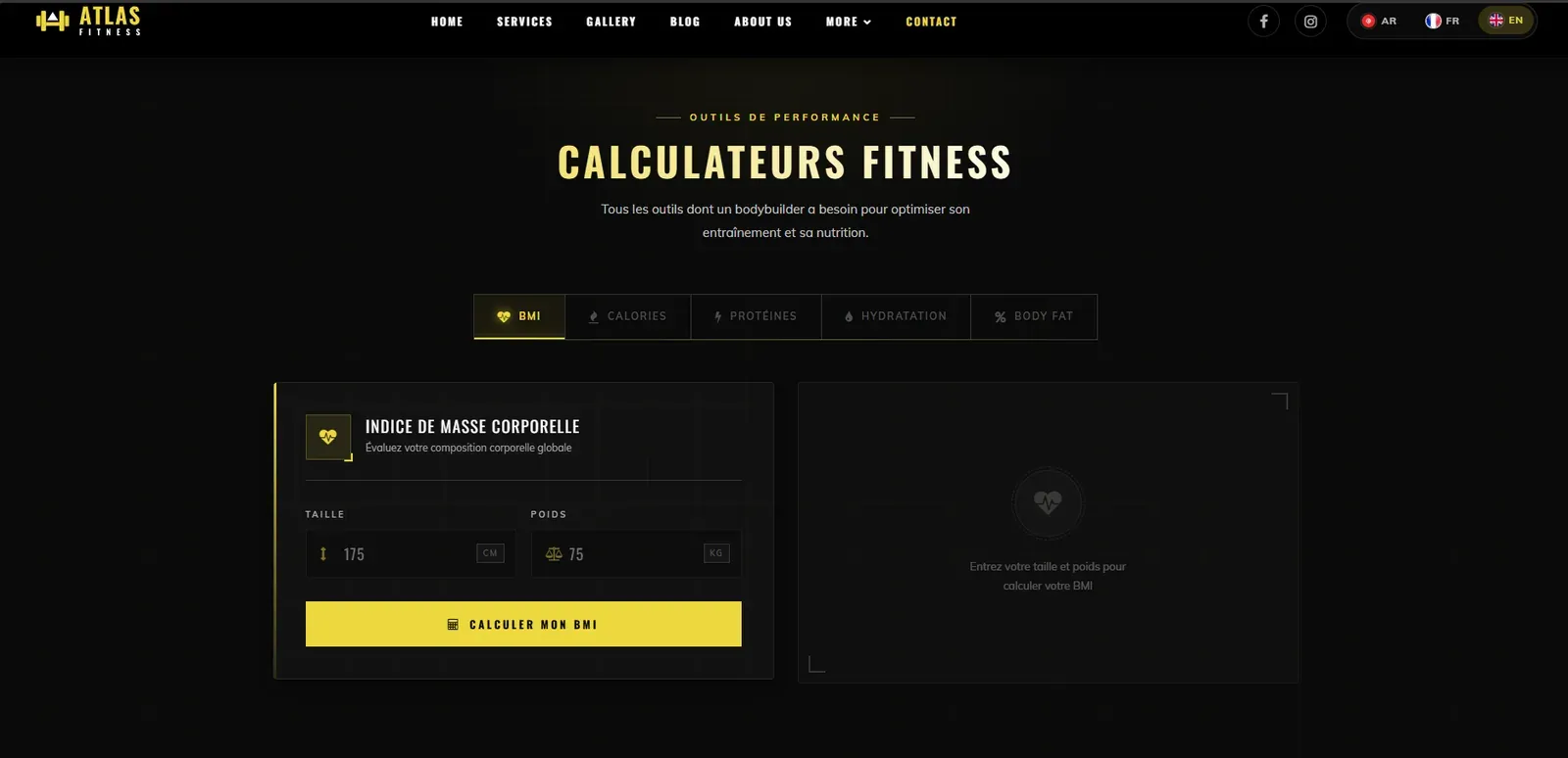 “Calculateurs fitness” page: tabs for the five calculators above the body mass index form
