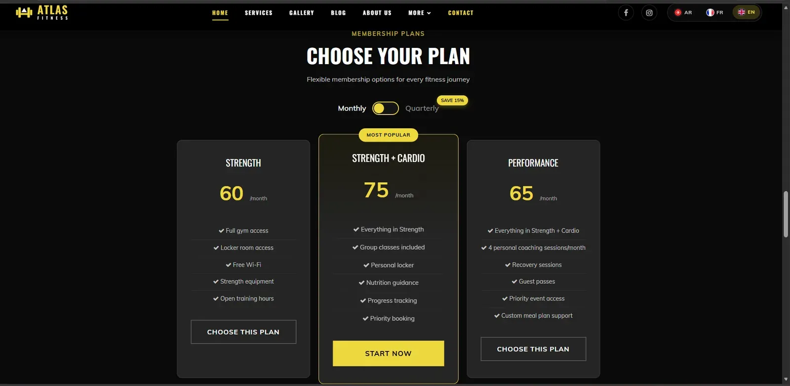 “Choose your plan”: three membership plans with monthly prices, the middle one highlighted