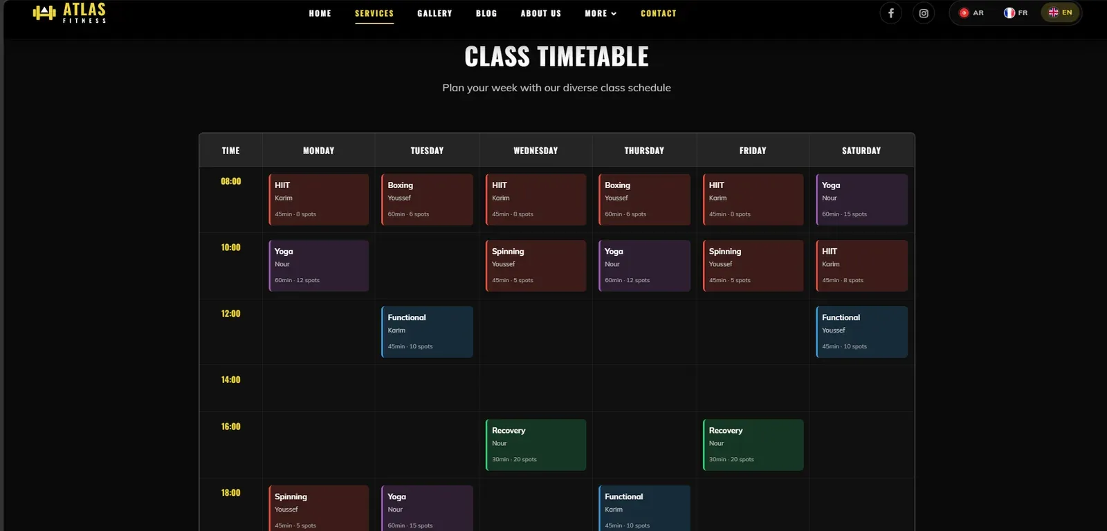 Class timetable: a weekly grid of colour-coded classes by day and hour