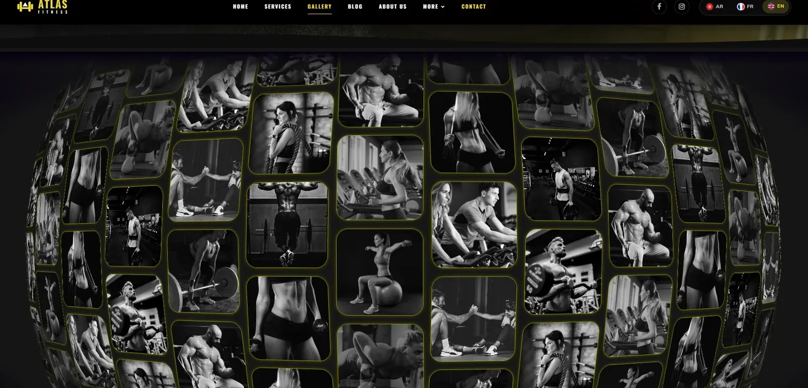 Gallery page: a 3D dome of black-and-white workout photos