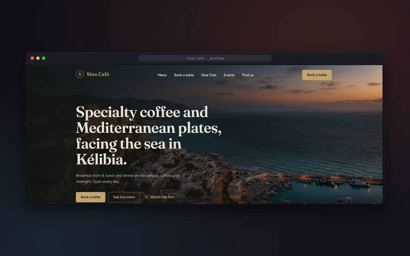 Sina Café home page: “Specialty coffee and Mediterranean plates, facing the sea in Kélibia”
