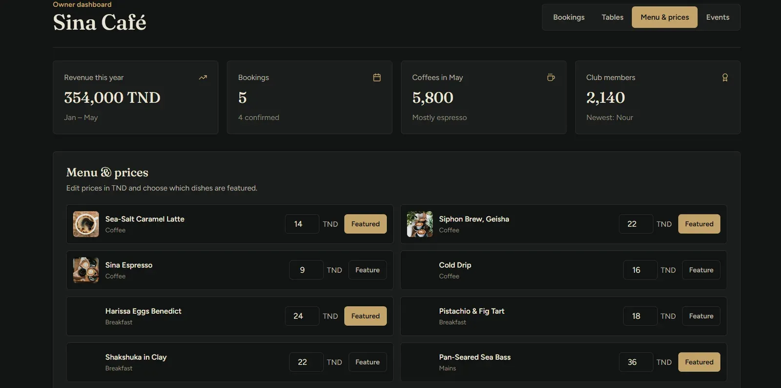 Owner dashboard, “Menu & prices” tab: menu items with their prices and availability
