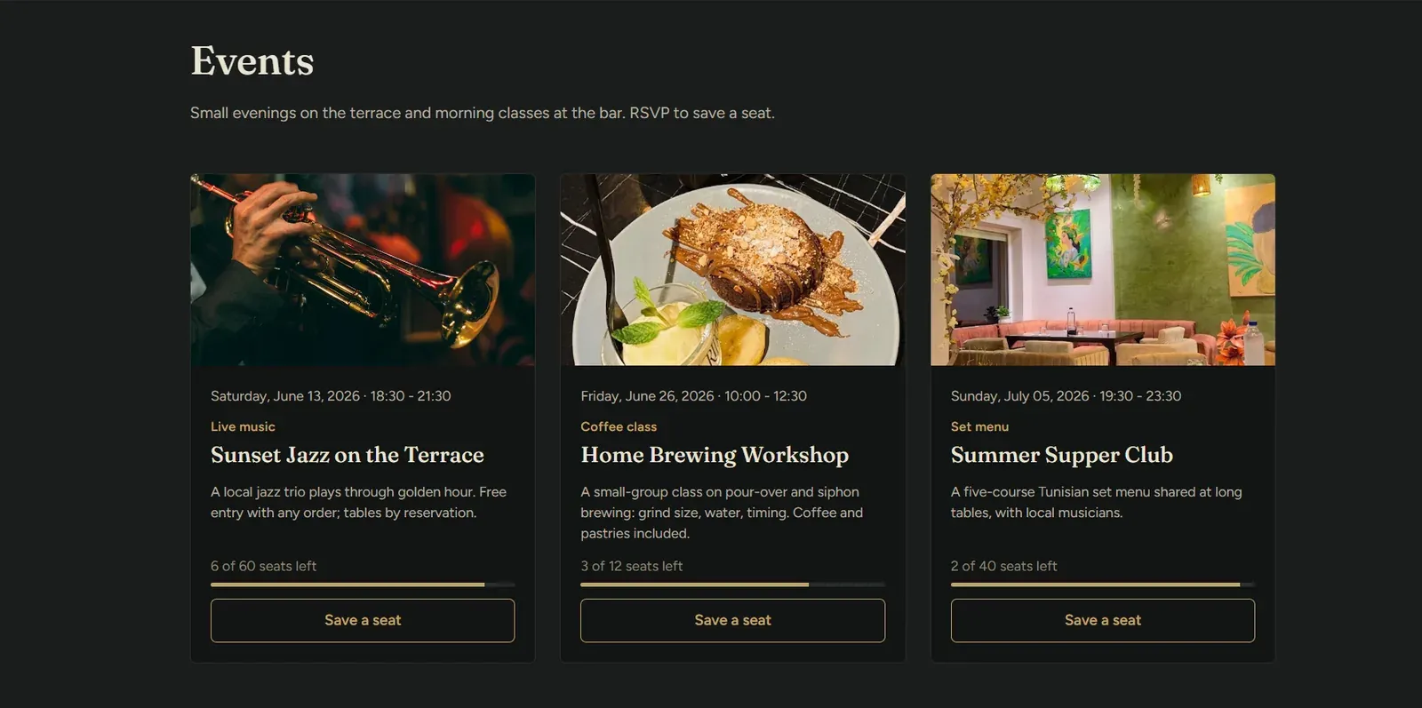 Events page: three upcoming events with dates, descriptions and booking buttons