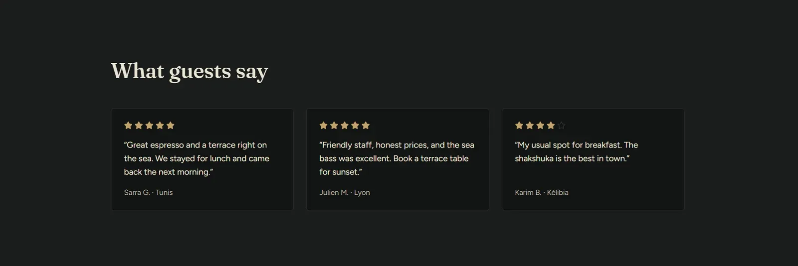 “What guests say”: three guest reviews with star ratings