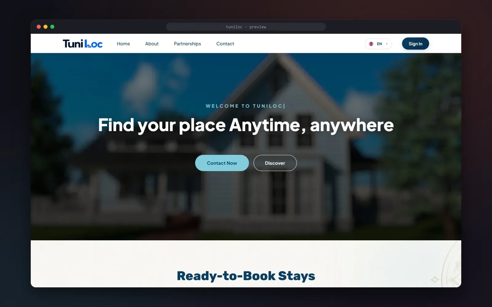 Tuniloc landing page: “Find your place anytime, anywhere”