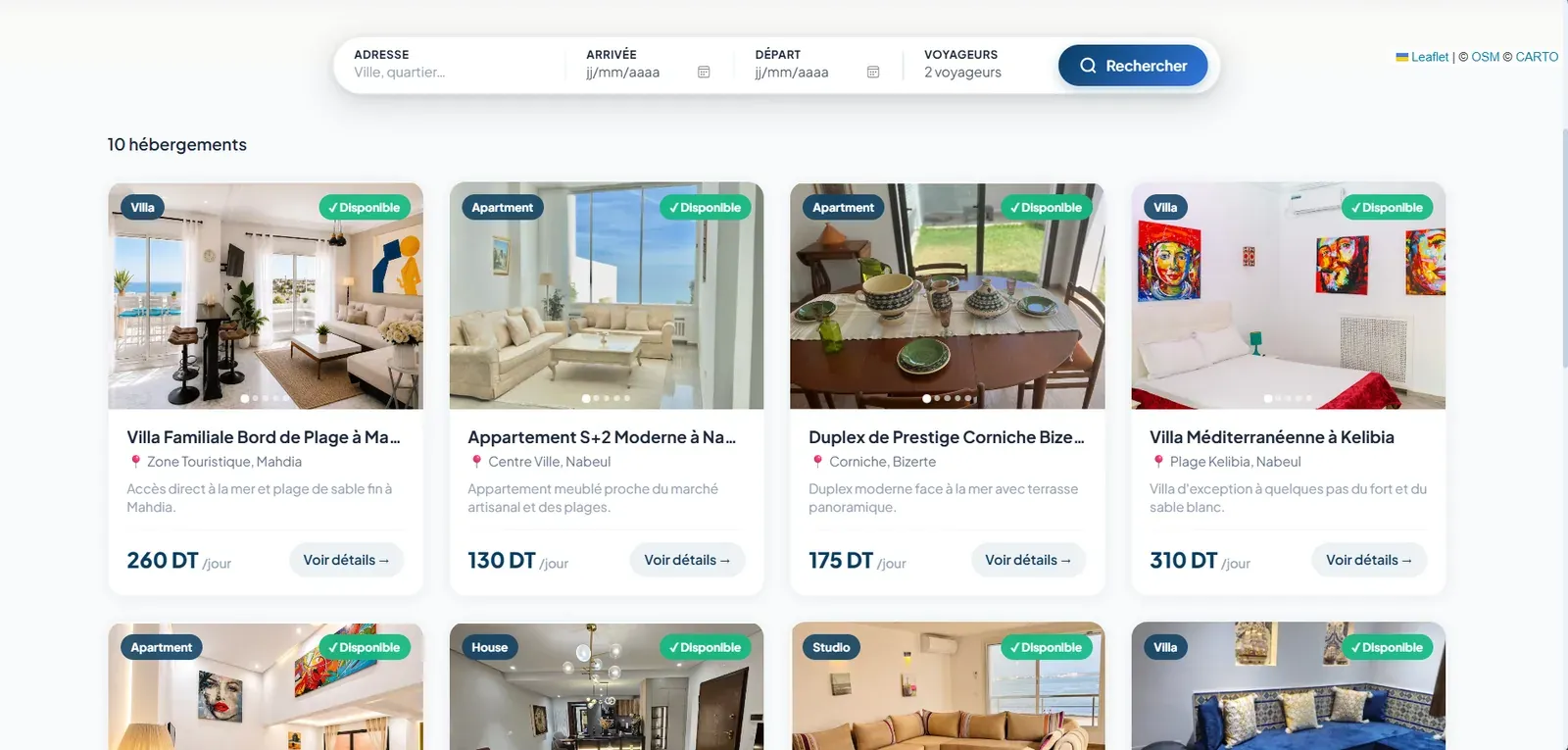 Tuniloc listings: a search bar for destination, dates and guests above a grid of rentals with photos and prices in dinars
