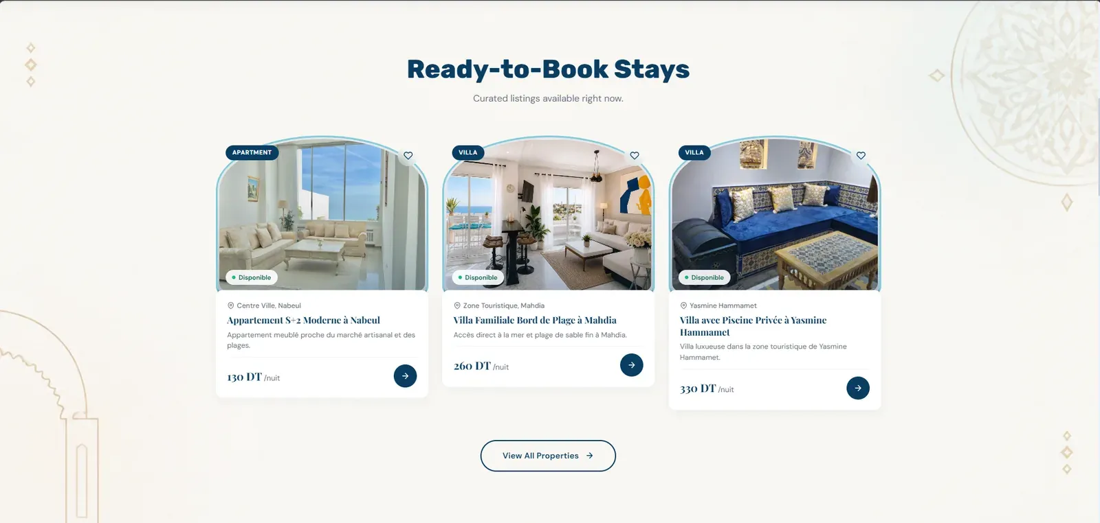 “Ready-to-Book Stays”: three featured rentals with photos and prices