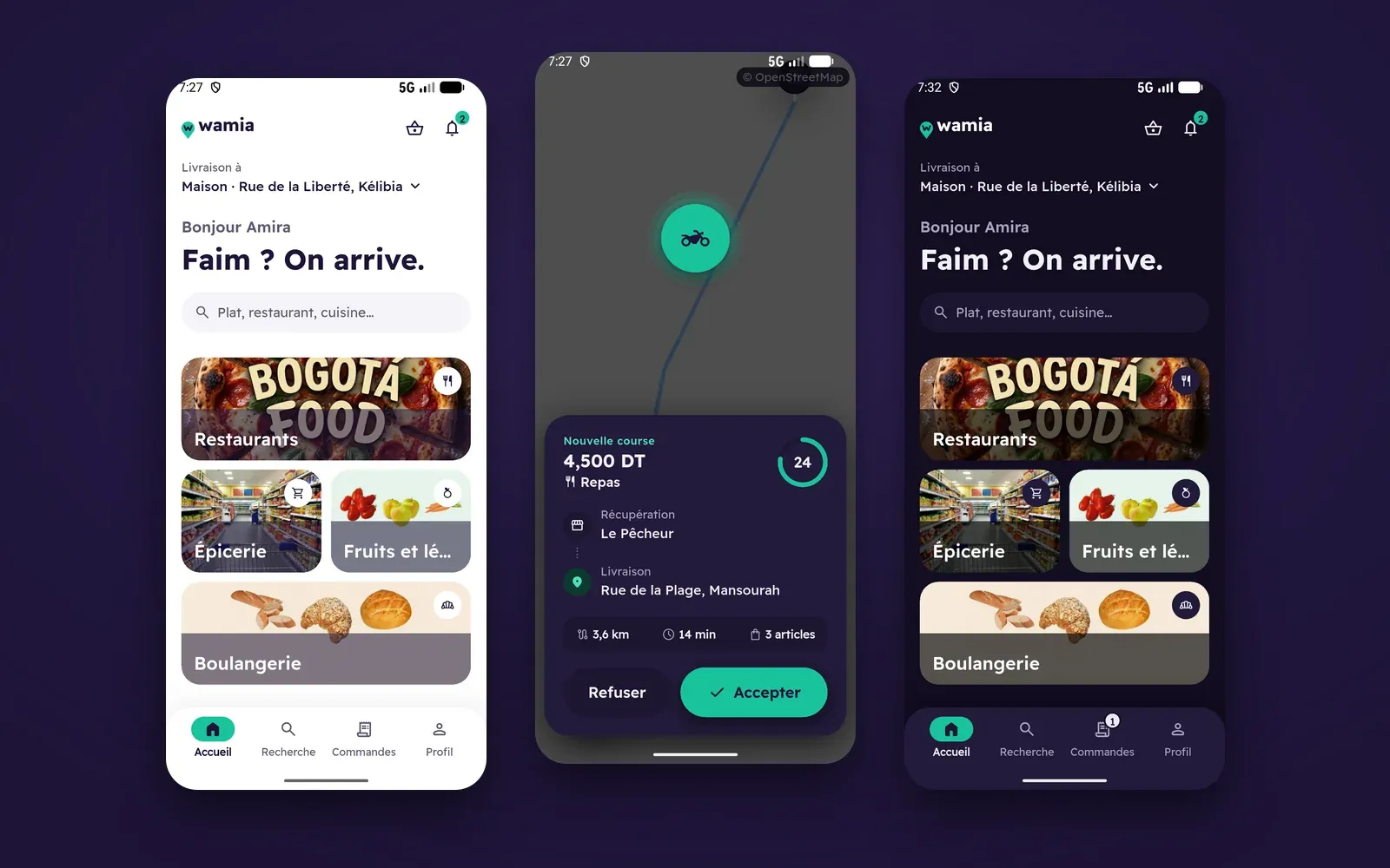 Wamia app screens: customer home in light and dark themes, and a courier ride offer
