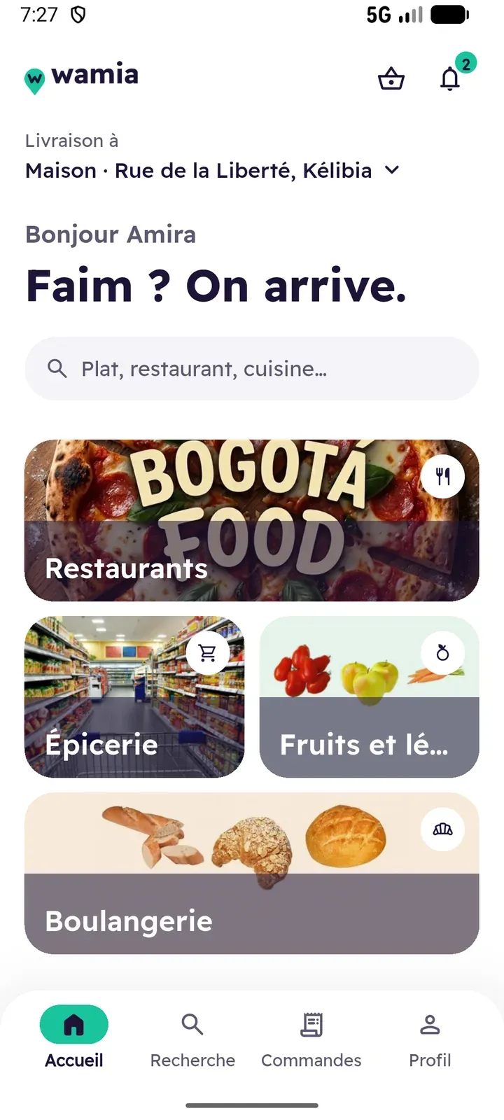 Customer home, light theme: delivery address, “Faim ? On arrive.” and shop categories (restaurants, grocery, fruit and vegetables, bakery)