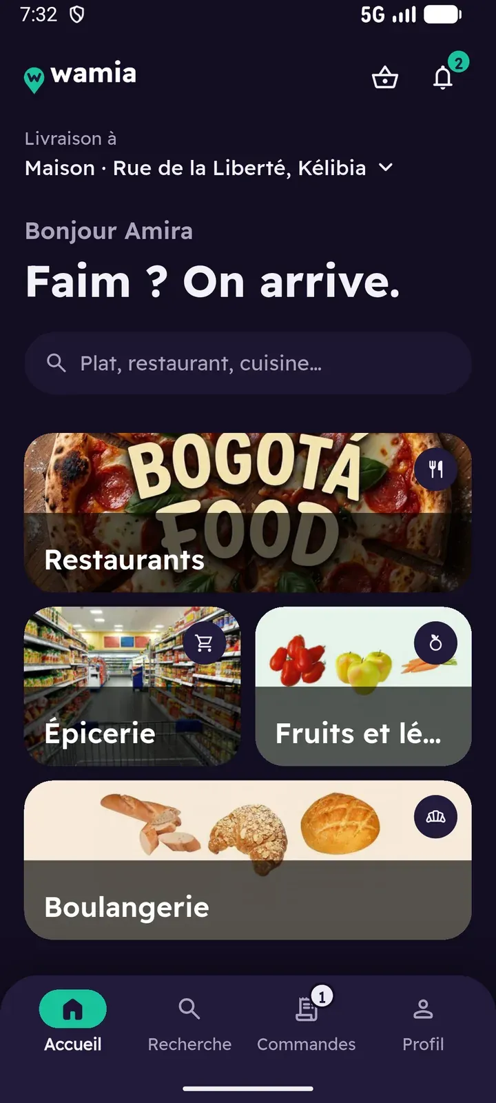 Customer home, dark theme: the same screen with the bottom navigation (home, search, orders, profile)