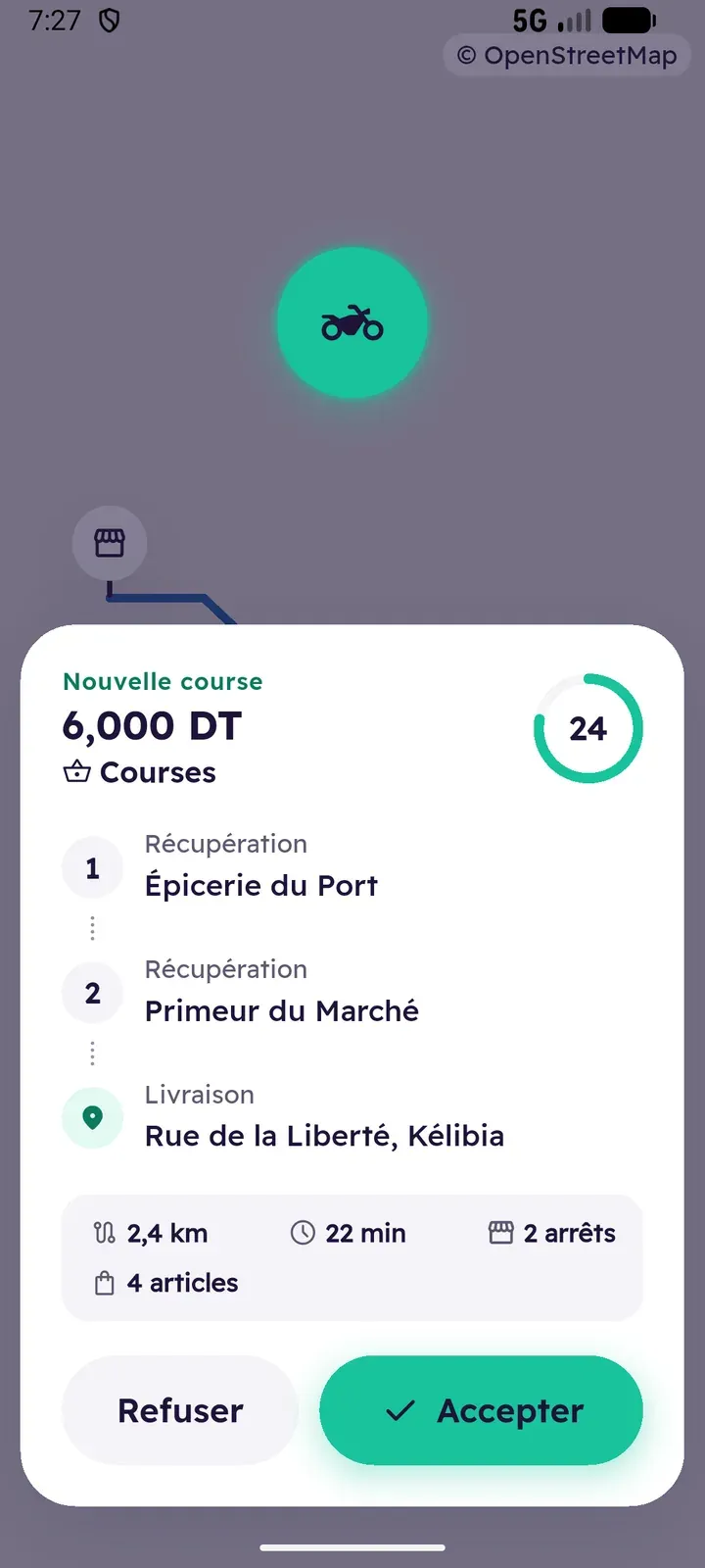 Courier ride offer, light theme: 6,000 DT for two pickups and one drop-off, with a countdown and Refuser / Accepter buttons